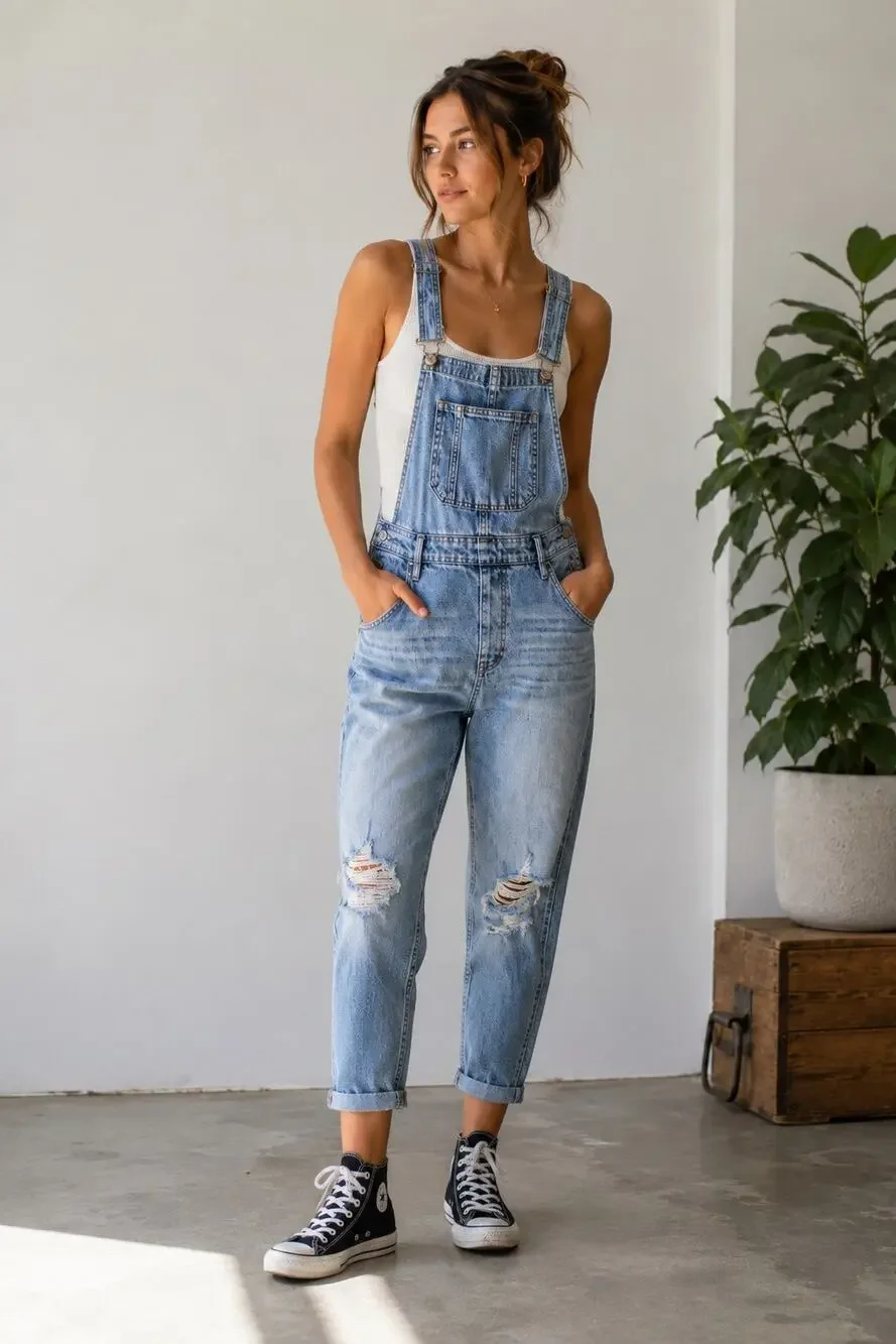 Hollister Boyfriend Denim Overalls Distressed Light Wash Bib Jeans M Coastal